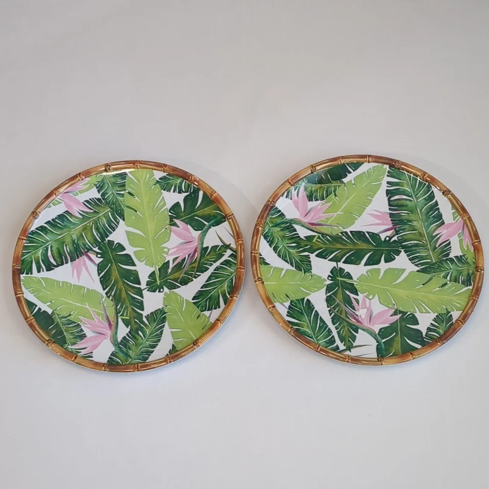 Tommy Bahama Set Of 2 Palm Leaves & Birds Of Paradise Melamine 11